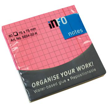 Blok samoljepljiv  75x75 mm karo 80L Global Notes 5654-32-K neon-rozi