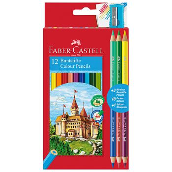 Boje drvene  12boja Faber-Castell 110312 blister+3boje drvene obostrane i GRATIS šiljilo