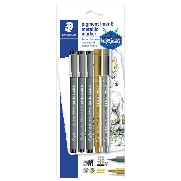 Set flomaster liner pigment+marker metallic Design Journey pk5 Staedtler 308 SBK3P3 blister