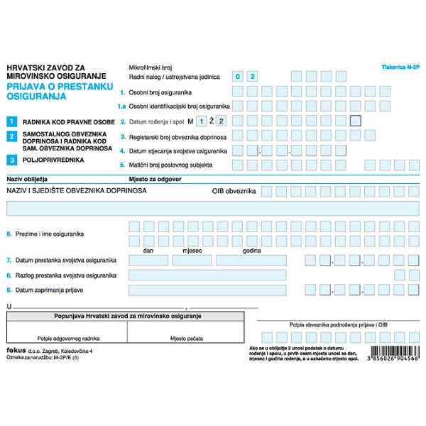 Obrazac M-2P/E prijava o prestanku osiguranja pk10 Fokus