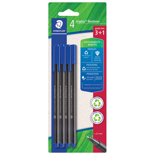 Flomaster fineliner 0,3mm pk3+1 gratis reciklirani Triplus Staedtler 334 R-3BK4 plavi