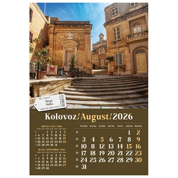 Kalendar "Putujem Europom 2026" 13 listova, spirala