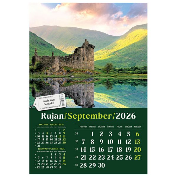 Kalendar "Putujem Europom 2026" 13 listova, spirala