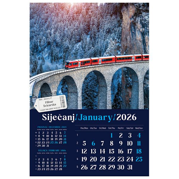 Kalendar "Putujem Europom 2026" 13 listova, spirala