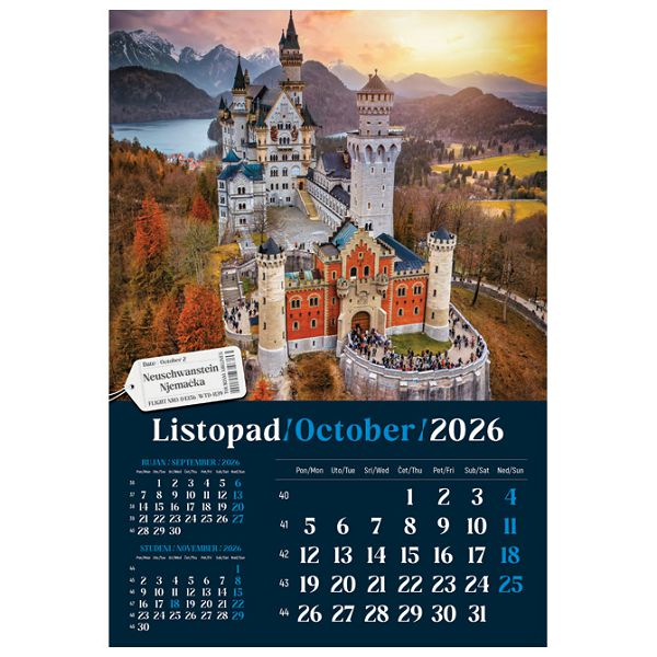 Kalendar "Putujem Europom 2026" 13 listova, spirala