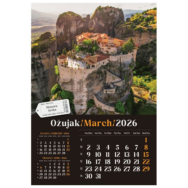 Kalendar "Putujem Europom 2026" 13 listova, spirala