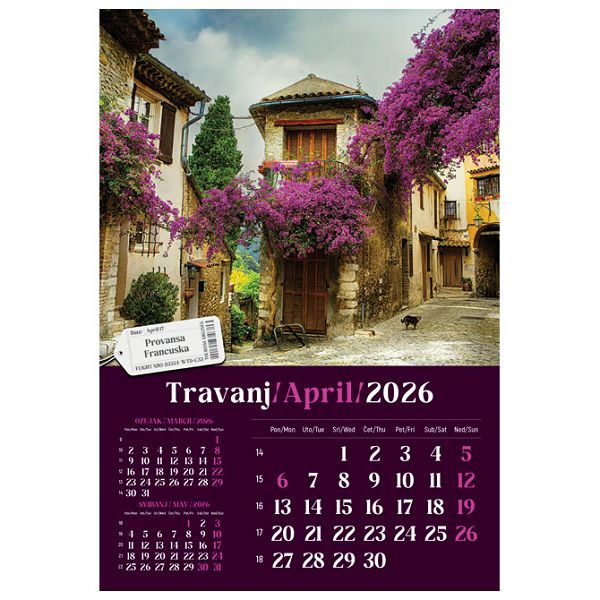 Kalendar "Putujem Europom 2026" 13 listova, spirala